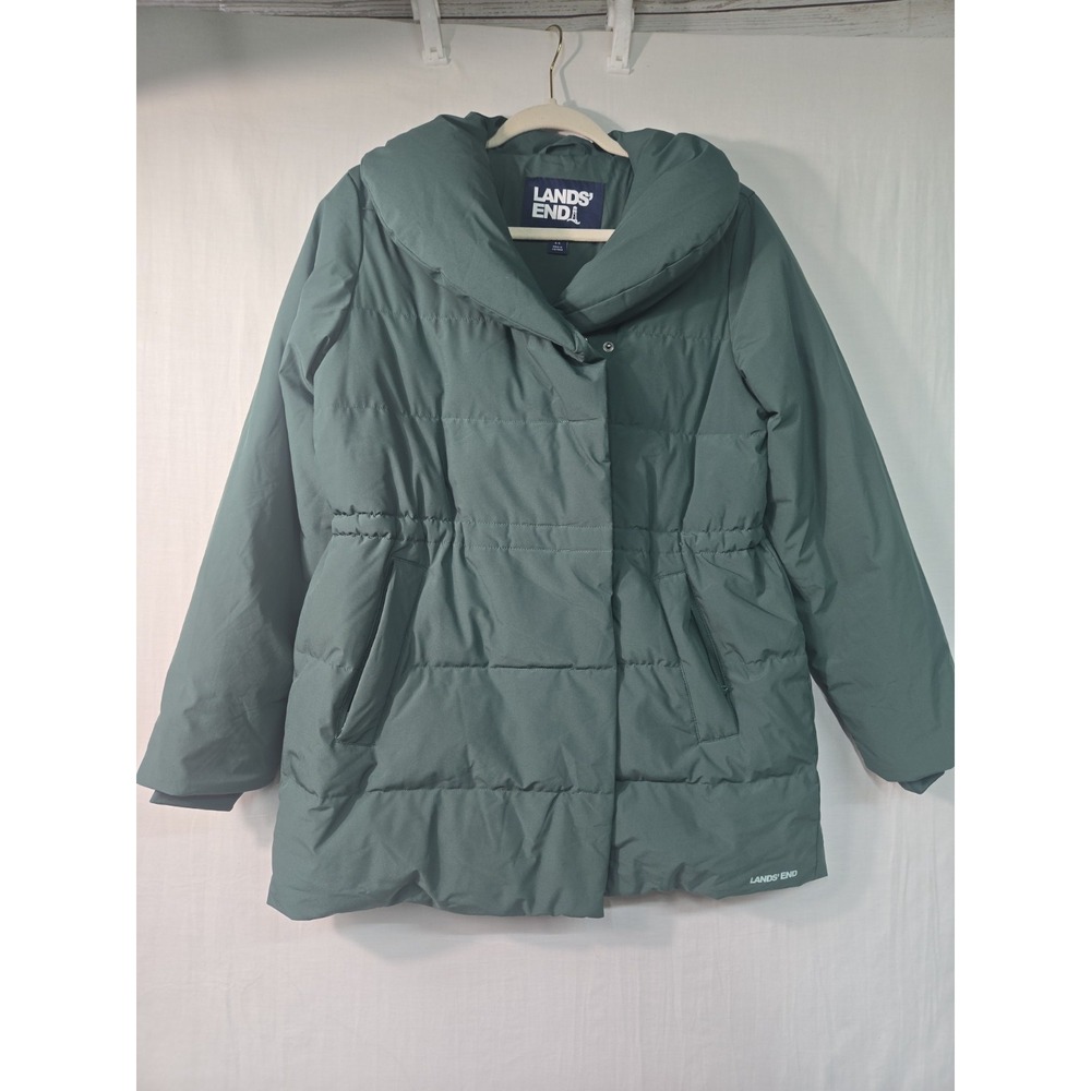 Lands' End Women's S (6/8) Green Quilted Wrap Coat Down Feathers Mid Length‎